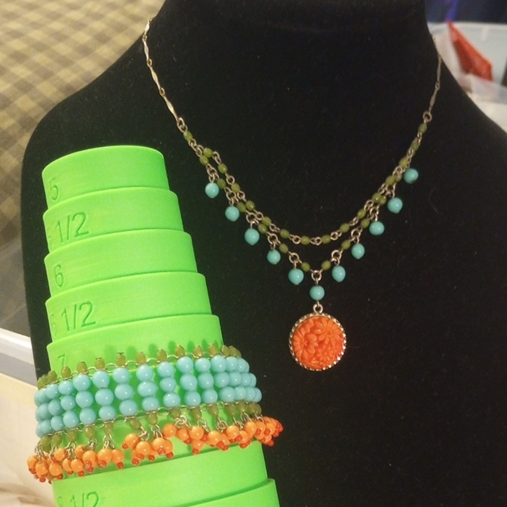 Davis Aubrey Turquoise and Orange Beaded Necklace and Bracelet Set